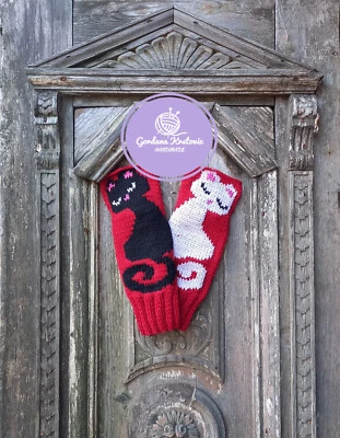 Guantes sin dedos bordados hechos a mano para gato de lana acogedores diseño de gato blanco y negro Foto 1 de 2