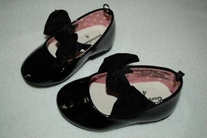 Baby Girls BLACK SHINY DRESS SHOES Mary Janes Flats VELOUR KNOTTED BOW Size 3 - Picture 1 of 3