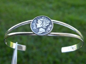 Authentic 1940 Mercury dime coin cuff bracelet adjustable silver plated nice gif - Picture 1 of 8