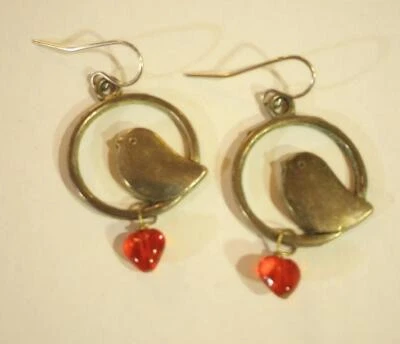 Valentine's Day Earrings Pewter CUTE Birds with Red Heart Glass Bead Dangles - Image 1 of 2