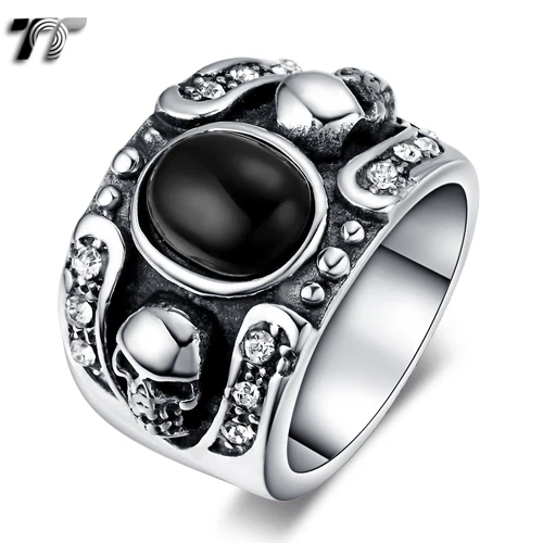 TT 316L Stainless Steel Skull Band Ring With Black Oval Onyx Size 9-13 (RZ132D) - Image 1 of 1