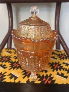 Fenton Marigold Carnival Glass Butteryfly & Berry Covered Candy Dish Claw Feet - Picture 1 of 10