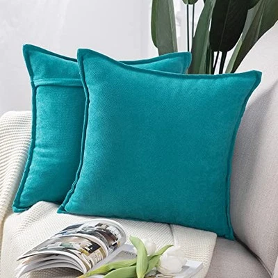  Set of 2 Short Chenille Throw Pillow Covers 18" x 18" (Pack of 2) Cyan Teal - Image 1 of 4
