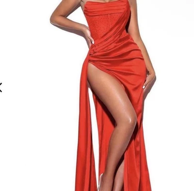 miss circle Holly Red Crystallized Corset High Slit Satin Gown - Image 1 of 3