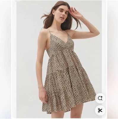 Urban Outfitters UO Beige Patterned Cotton fieldstone tiered mini dress sz Small - Image 1 of 4
