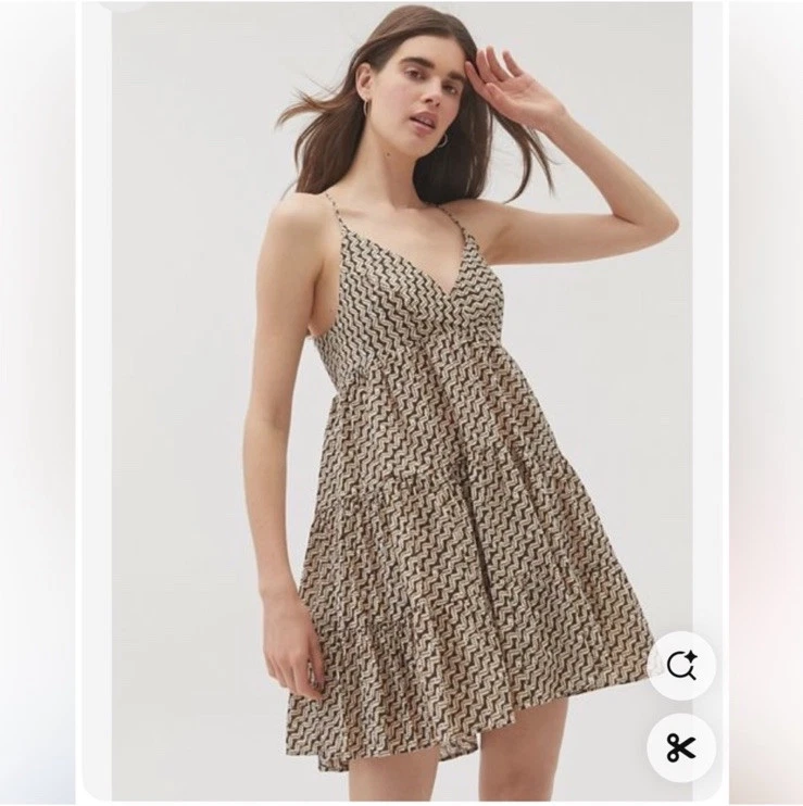Urban Outfitters UO Beige Patterned Cotton fieldstone tiered mini dress sz S NWT - Image 1 of 4