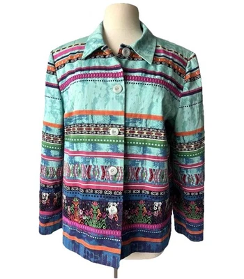 Chaqueta Blazer Coldwater Creek Southwestern Azteca Forrada Talla GRANDE Cinta Botón Foto 1 de 4