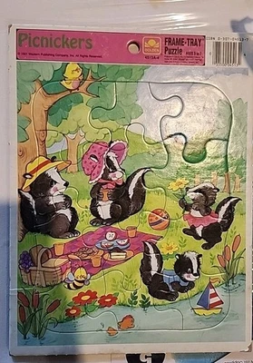 Vintage 1991 PICNICKERS 12 Piece Golden Frame Tray Puzzle Skunks Retro Toys Game - Image 1 of 4