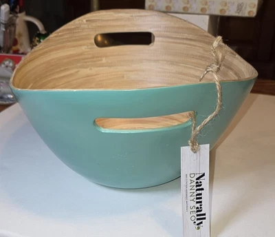 Ensaladera de bambú hilado natural de 2 asas verde azulado lacado 11,5" Danny Seo totalmente nueva Foto 1 de 4