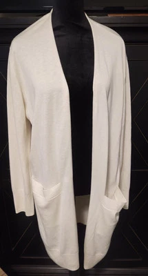 Donna Karan Silk/Wool Blend Cardigan Sweater Large Open Front Longline Ivory  - Image 1 of 4