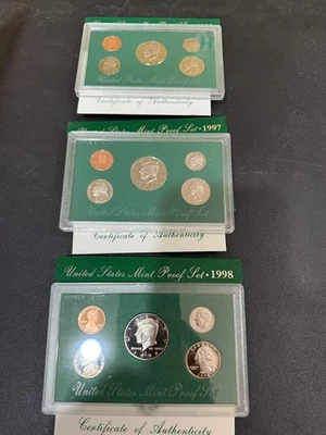 Qty 3 US Mint Proof Sets 1996 S 1997 S 1998 S w/ COA's - Image 1 of 4