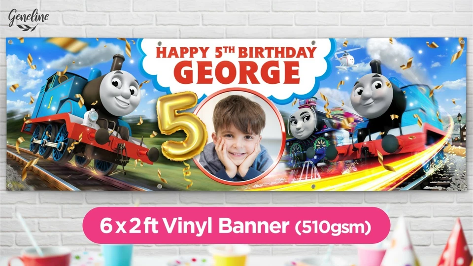 Banner de aniversário Thomas The Tank Engine personalizado vinil de alta qualidade PVC 6x2 pés - Imagem 1 de 1