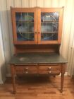 Antique Pine Hoosier Cabinet w Stained Glass Doors, Tin Counter & Drawer Linings