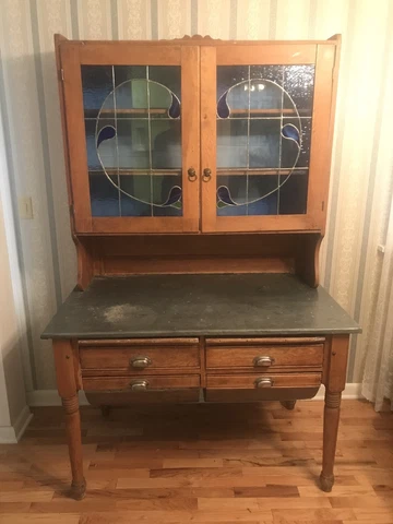 Antique Pine Hoosier Cabinet w Stained Glass Doors, Tin Counter & Drawer Linings Cover