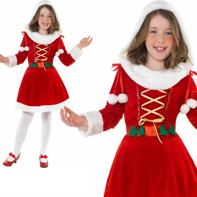 Girls Little Miss Santa Costume Mrs Father Christmas Fancy Dress Outfit New - Image 1 of 2
