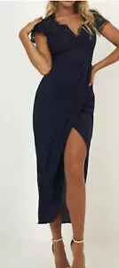 New SHOWPO Long Dress Navy Cocktail Dressy Short Sleeve Scoop Neck Wrap Leg Sz 4 - Picture 1 of 10