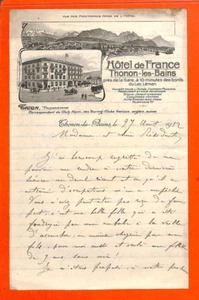 THONON-LES-BAINS ( 74 ) COURRIER " HOTEL DE FRANCE " TICON PROPRIÉTAIRE 1912 - Picture 1 of 1