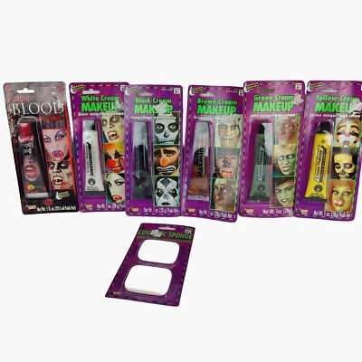 7-SET Blood,Sponge, CREAM MAKEUP White Black Brown GREEN YELL Costume Face PAINT - Image 1 of 4