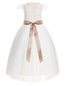 Ivory Lace Flower Girl Dress with Rhinestone Ribbon Baptism Dress Princess Dress - Picture 1 of 22