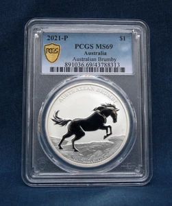 2021 AUSTRALIA BRUMBY HORSE 1 OZ. SILVER PCGS MS69 GOLD SHIELD *LAST ONE* - Picture 1 of 2