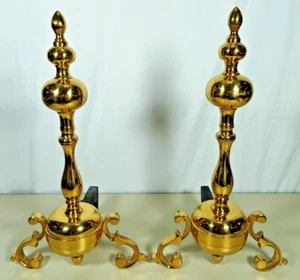 Pair of Ornate Solid Brass Andirons Fire Dogs Scrolled Feet Shiny 20" Tall x 11" - Picture 1 of 11