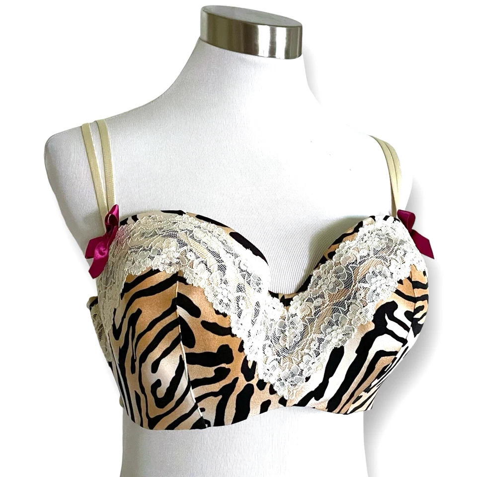 Cacique 40D Bra Tan Black Animal Print Pink Bow Lace Underwire Demi Balconette - Image 1 of 4