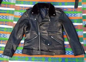 Men's Black Crocodile Cowhide Leather Jacket Motor Biker Jacket With Far Collar - Picture 1 of 3