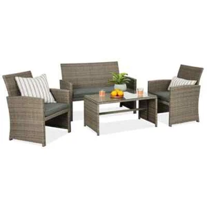 Taupe 4-Pieces Wicker Patio Conversation Set with Slate Green Cushions,4 Seats,T - Picture 1 of 7
