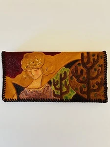 Vtg 70's Hand Tooled Painted Leather Wallet Lady Cactus Western Hippie Boho NOS - Picture 1 of 10