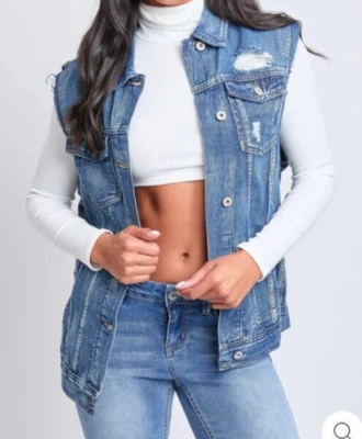 Denim Vest Distressed Button Up Womens Sz L Cowboy Biker Heavy Metal Punk - Image 1 of 4