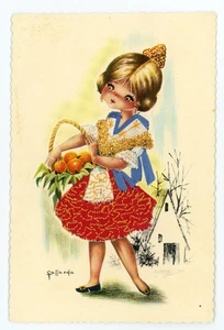 Postal Bordada Española Ojos Grandes Niña Fruta Cesta Fransisca Gallarda - Imagen 1 de 2