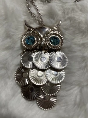 KINETIC OWL NECKLACE-Silver Tone,Blue Rhinestone Eyes & Fringe Body Style  - Image 1 of 4