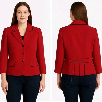 Blazer vintage Studio I Petite rojo 3 botones negro ribete plisado trasero 14P Foto 1 de 4