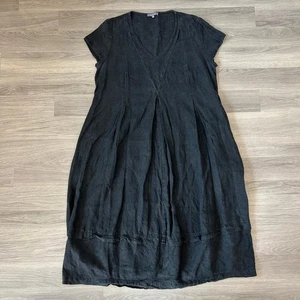Sahara Linen Dress Womens Size Large Black Midi Maxi Short Sleeve Boho Lagenlook - Picture 1 of 11