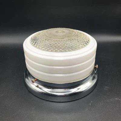 Vintage MCM Art Deco White & Clear Diamond Pattern Ceiling Light Fixture & Shade - Image 1 of 4