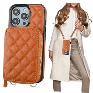 Crossbody Wallet Case for iPhone 14 Pro, RFID Blocking PU Leather Zipper Brown - Picture 1 of 7