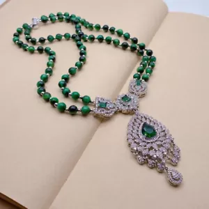 2 Strands Green Tiger Eye Cz Pave Pendant Necklace Gemstone Necklaces Jewelry - Picture 1 of 6