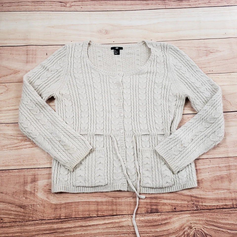 Suéter H&M Mujer Grande Beige Cárdigan Tejido Botón Frontal Cable Bolsillos Damas Foto 1 de 4