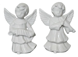 2 White Glazed Ceramic Porcelain Angel Figurines Playing Instruments, Vintage 4" - Picture 1 of 7