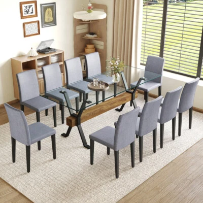 Table & Chair Set Tempered Glass Tabletop w Wood Grain MDF Linen Cotton Chairs - Image 1 of 4