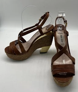 Miu Miu Brown Leather Espadrille Wedge + Gold Tone Block Heel Sandal sz 39.5 - Picture 1 of 7
