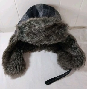 Ubi wool and faux fur plaid hat with ear flaps Size L XL Gray Black Trapper - Picture 1 of 8