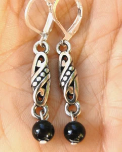 Altered Brighton AYU Silver Charm Dangle Black Onyx Bead On Lever Back Earrings - Picture 1 of 2