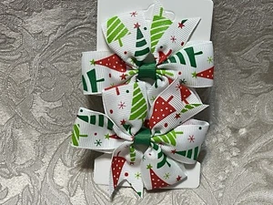 White Green Tree Christmas Hair Bow Clip Grosgrain Ribbon Girl Hair Barrette Set - Picture 1 of 3