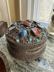 Vintage Agate Inlaid Moorish Wedding Dressing Table Jewelry Box - Picture 1 of 12