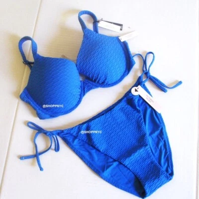 Victoria Secret Natación 38DDD L XL Icono Push Up Top Conjunto de Bikini Lateral Corbata Inferior Azul Foto 1 de 4