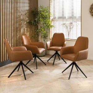 Set of 4 Modern Swivel Carver Dining Chairs with Arms Tan Faux Leather - Picture 1 of 7