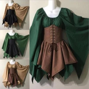 Retro Long Sleeve Corset Dress Halloween Women Medieval Cosplay Costumes Gothic - Picture 1 of 11