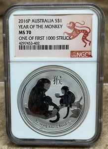 Australia 2016-P S$1 NGC MS 70 Year Of Monkey 1 Of First 1000 Struck Series II - Picture 1 of 6