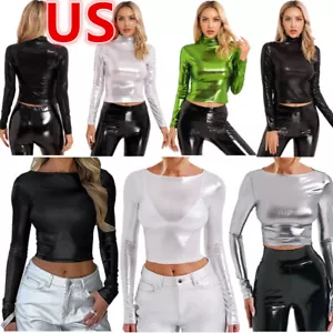 Women's Shiny Metallic Tops Long Sleeve Disco Party Slim Fitted Shirts Tops - Picture 1 of 77
